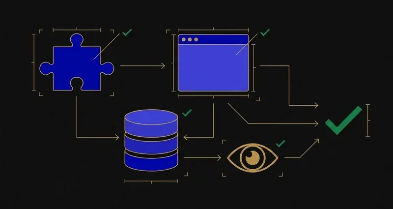 A schematic with two divergent starting paths, a puzzle-piece icon for a userscript and a browser-window icon for an extension, and two divergent answer paths, a stacked-database icon and an open-eye icon, connected by gold arrows converging on a single checkmark outcome node