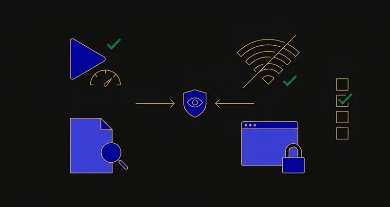 A schematic contrasting Edgenuity's monitored surface, a video icon with a speed gauge and a document under a magnifying glass feeding a central eye-shield icon, against a crossed-out network signal and a locked browser window as district-optional controls, with a separate multiple-choice checklist icon left unconnected