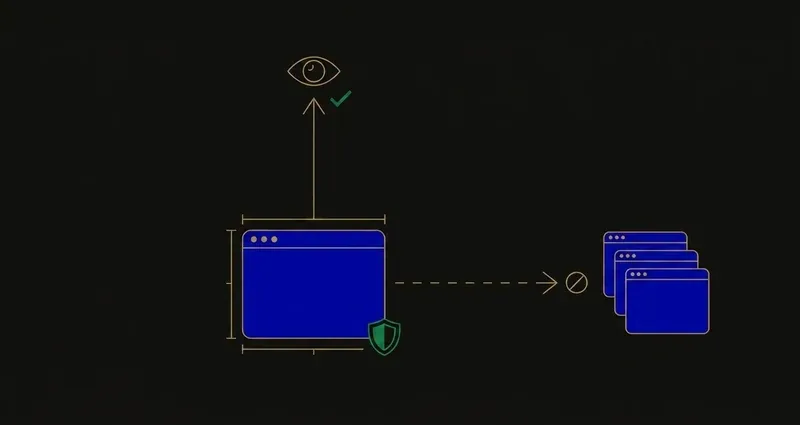 A schematic diagram of a browser window: a solid gold arrow from the window reaches an eye icon marked with a green checkmark, while a second, broken gold arrow toward a cluster of other browser windows is stopped by a blocked icon before it arrives