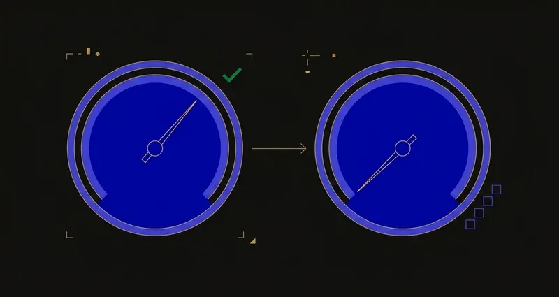 Two circular gauge dials connected by an arrow: the left dial's needle sits high next to a checkmark, the right dial's needle sits low next to a stack of hollow squares representing unfinished work
