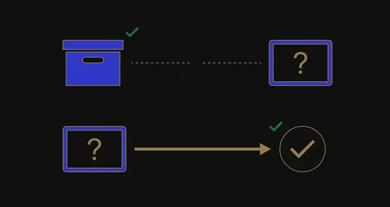 Two paths on a dark schematic background: a database icon links to a question-screen icon by a faded, broken gold dotted line, showing a stored answer bank failing to match, next to a question-screen icon linked directly to a checkmark by one solid gold arrow, showing a live question read and answered directly.