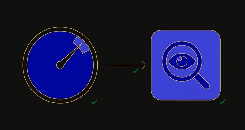 A schematic showing a circular speed gauge with its needle crossing from a normal zone into a small flagged zone, connected by a gold arrow to an eye-in-a-magnifying-glass icon representing teacher review