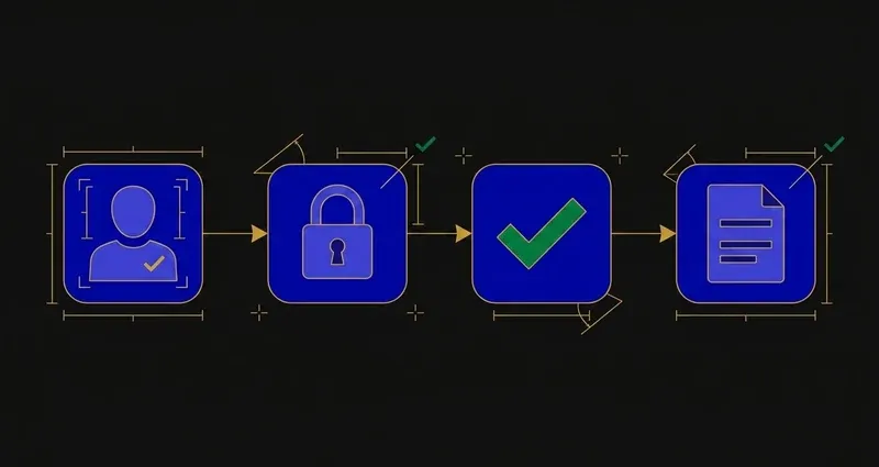A left-to-right flow diagram of four connected nodes on a near-black background: a student icon, then a closed padlock icon, then a teacher-approval checkmark icon, then an exam document icon, joined by gold directional arrows in a single straight line with no branching or alternate path