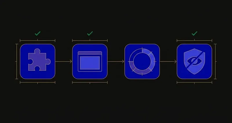 Four connected icons showing the SnoopSolve usage flow in order: a puzzle-piece icon for installing the extension, a browser-window icon for opening an Edgenuity course, a circular progress-ring icon for Auto-Solve running through the course, and a shield icon for Privacy Guard staying on in the background, joined by gold arrows