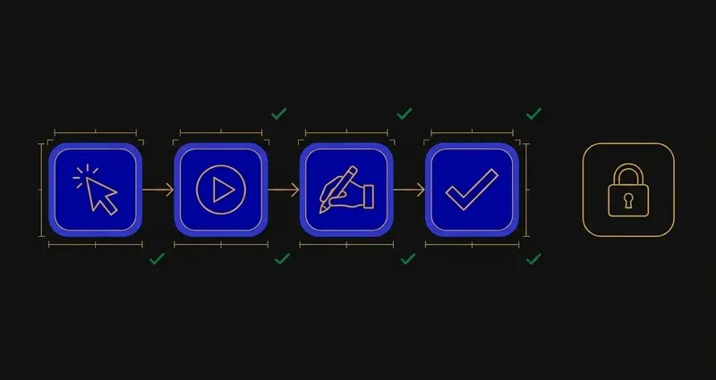 A connected flow of four icons, a cursor click, a play button, a pencil writing, and a checkmark, joined by gold arrows, representing Auto-Solve moving through a course, with a separate outlined padlock icon set apart from the flow to represent a server-side lock outside its reach